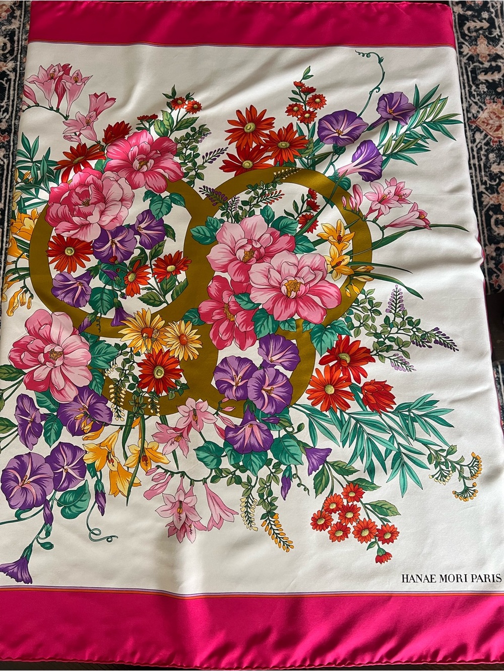 Hanae Mori Vintage 100% Silk Square Scarf 34" Pink Floral Japan
